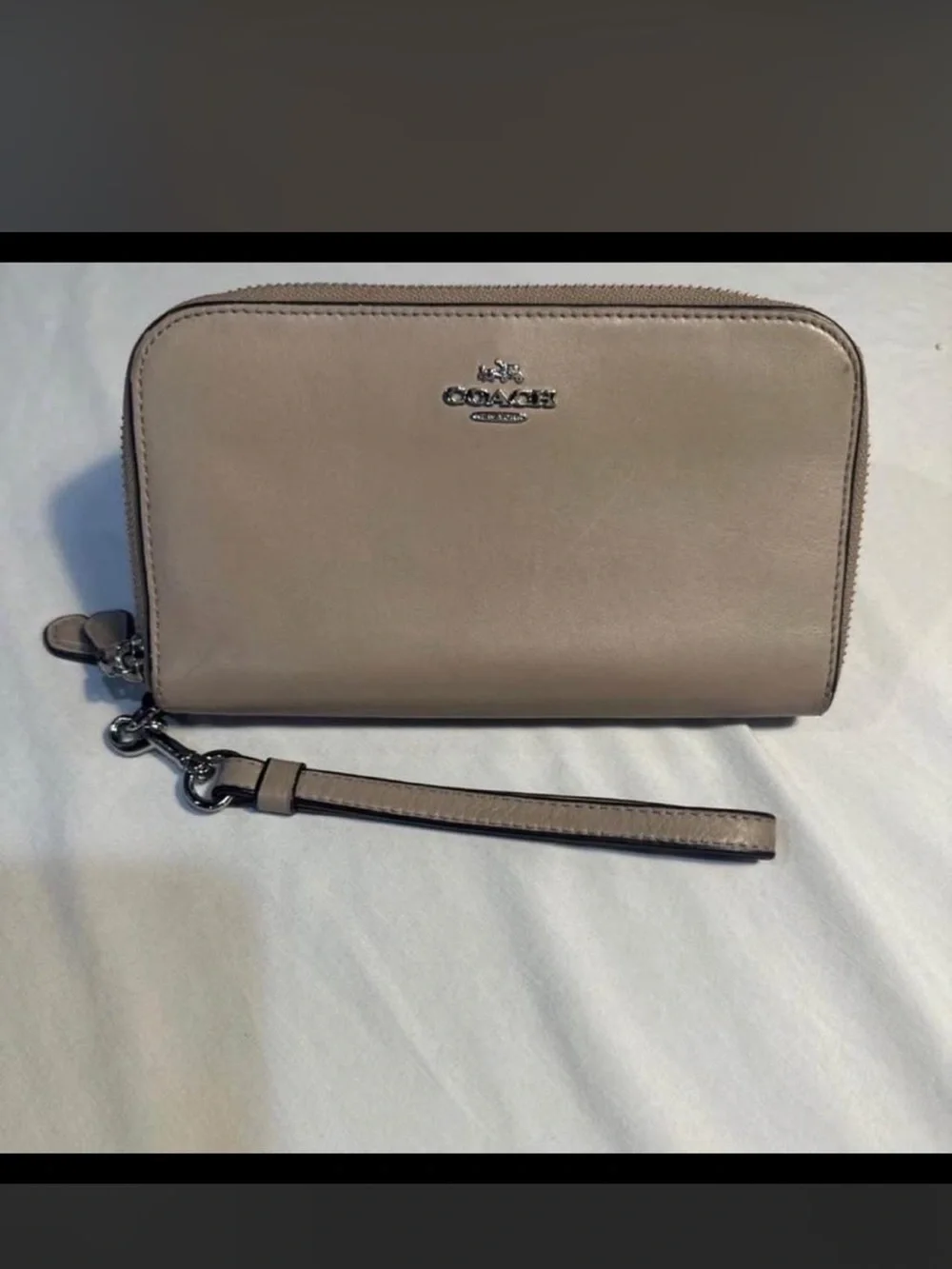 Coach Taupe Leather Zip Wristlet with Detachable Strap